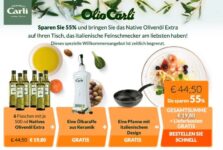 6 Flaschen Olivenöl (0,5l) mit Ballarini Pfanne + Öl Karaffe für 19,80€