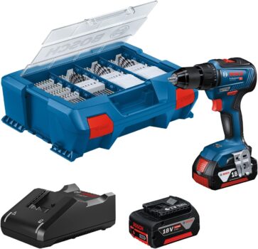 Bosch Professional 18V System Akku-Schrauber GSR 18V-55 mit 2 x 4.0 Ah-Akku + 82-teiliges Zubehör-Set für 199,99€