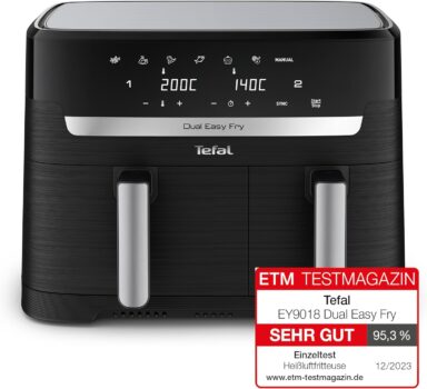 Tefal EY9018 Dual Easy Fry Doppelkammer-Heißluftfritteuse (5,2/3,1 L) für 129,53€