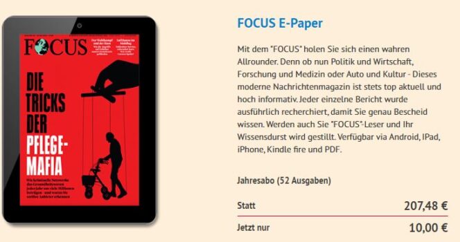 *KNALLER* 12 Monate „Focus E-Paper“ für nur 10€ – selbstkündigend