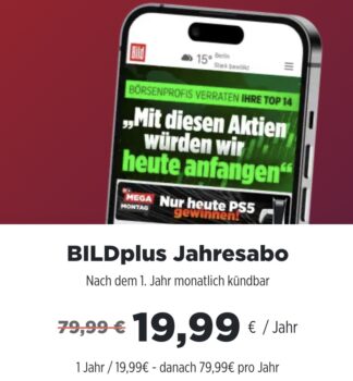 BILDPlus Jahresabo mit 1. & 2. Bundesliga Highlights für 19,99€ (statt 79,99€)