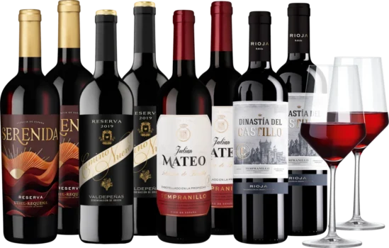 Spanischer Tempranillo Weinpaket mit 8 Flaschen + 2 Zwiesel Gläser für 39,90 Euro