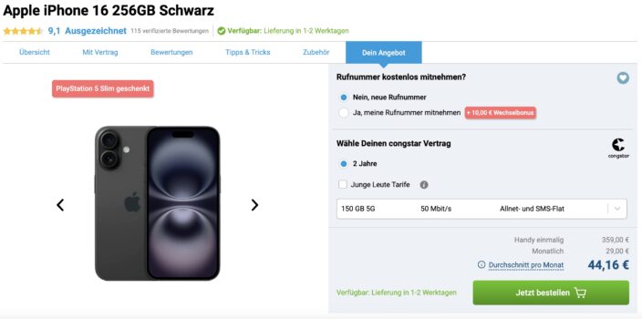 Preisfehler? Apple iPhone 16 (256GB) mit PS5 im Congstar Allnet Flat L Tarif