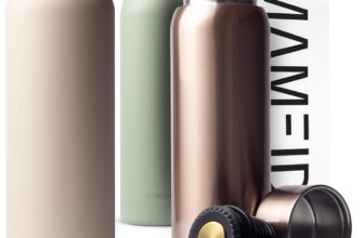 MAMEIDO Thermoskanne mit Becher (1 L, Ivory Beige Gold) für 13,99 Euro