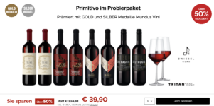 8 Flaschen Primitivo Rotwein mit 2 Gläsern für 39,90 Euro