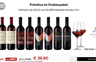 8 Flaschen Primitivo Rotwein mit 2 Gläsern für 39,90 Euro