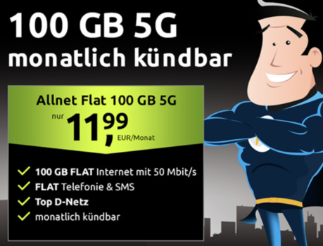 100 GB Allnet-Flat im Vodafone-Netz mit 5G für 11,99 €/Monat – monatlich kündbar