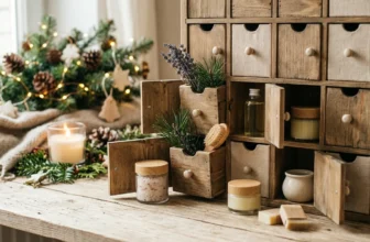 Adventskalender mit kleinen Pflegeprodukten auf Holztisch
