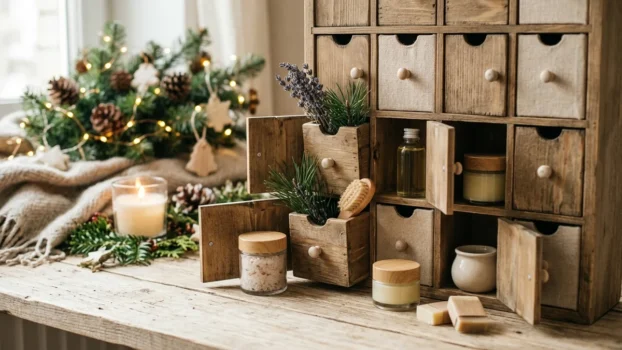 Adventskalender mit kleinen Pflegeprodukten auf Holztisch