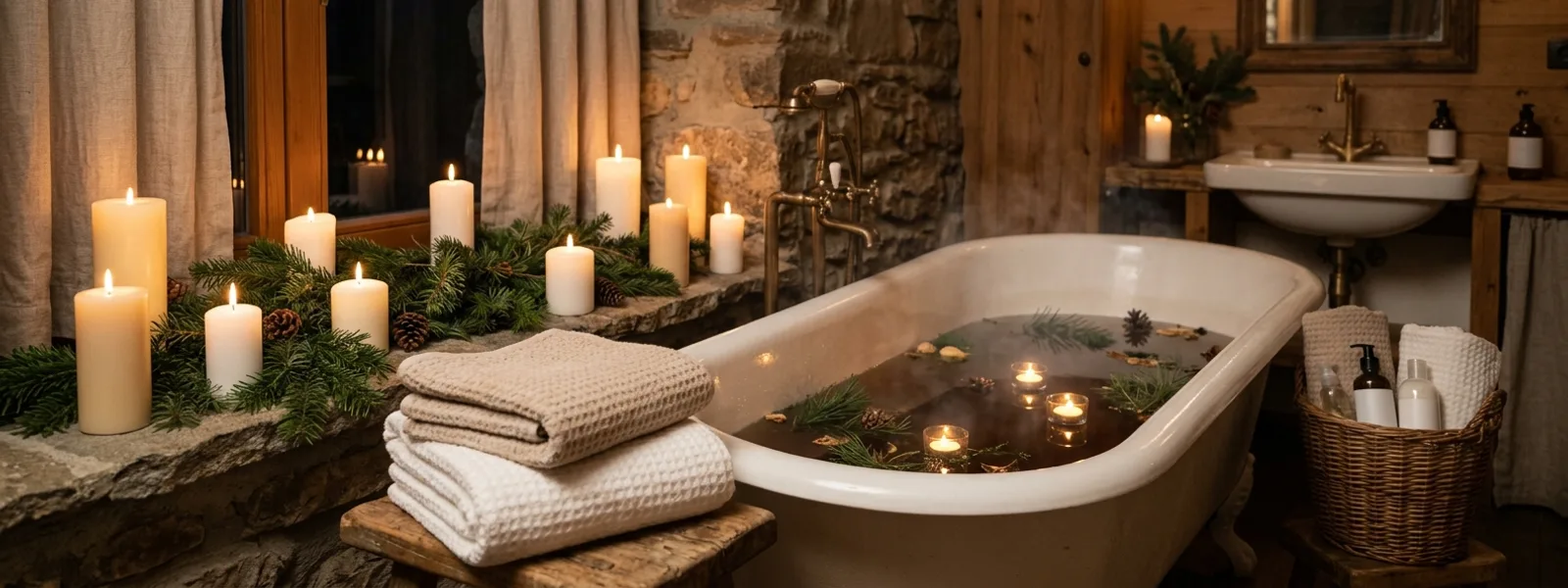 Gemütliches Bad mit Kerzen und Tannenzweigen im Advent