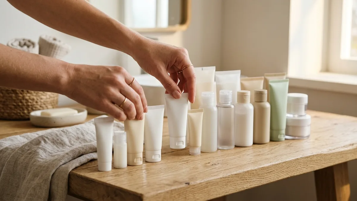 Hände sortieren kleine Pflegeprodukte auf einem Tisch