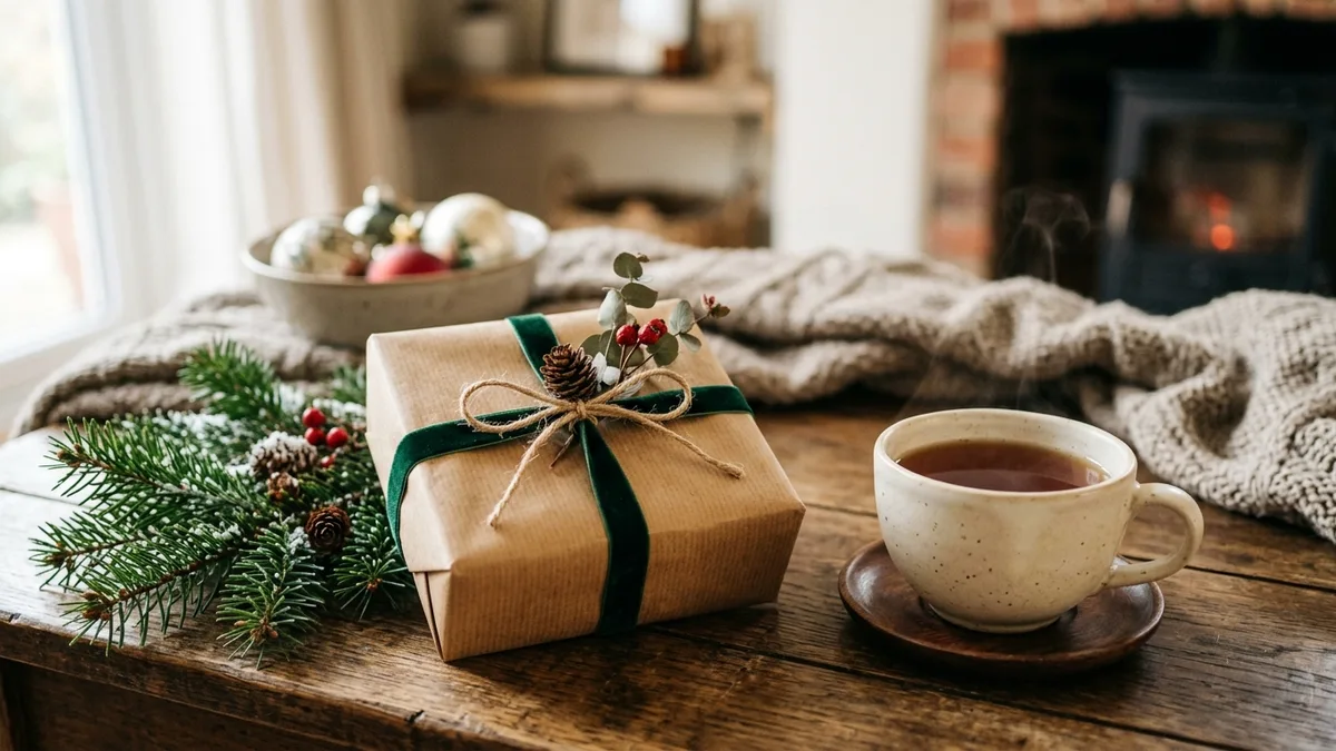 Geschenkpaket mit Schleife neben Teetasse zur Adventszeit