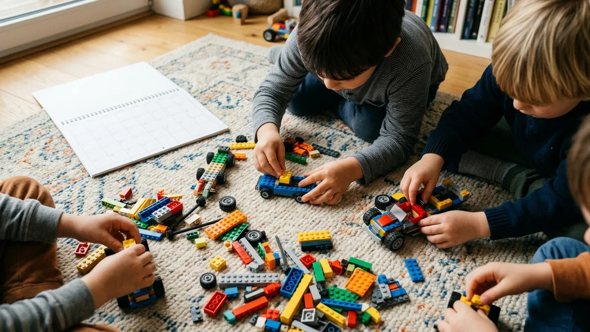 Kinderhände bauen kleine Modelle aus Klemmbausteinen auf dem Teppich