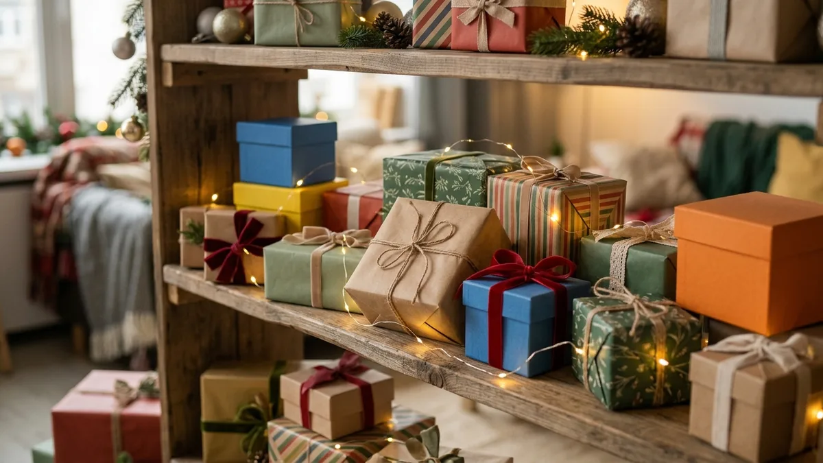 Regal mit bunten Schachteln und weihnachtlicher Lichterkette