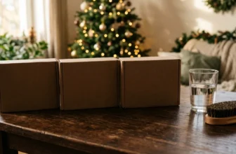 Adventskalender für Männer auf dunklem Holztisch mit Glas und Bartbürste