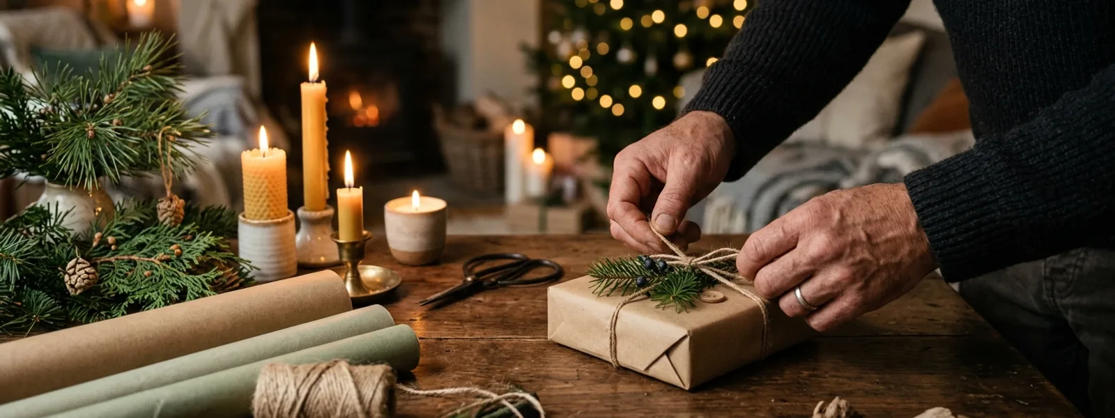 Männerhände packen in gemütlicher Wohnzimmerecke ein Geschenk ein
