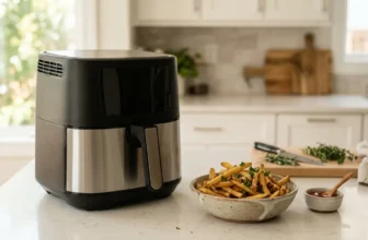 Heißluftfritteuse auf Küchenarbeitsplatte mit frischen Pommes