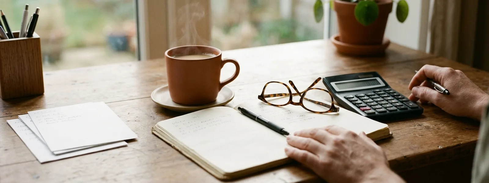 Schreibtisch mit Taschenrechner, Brille und Kaffeetasse im Tageslicht