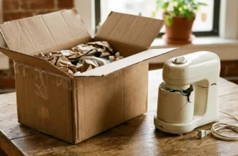 Geöffneter Paketkarton mit defektem Gerät auf Holztisch