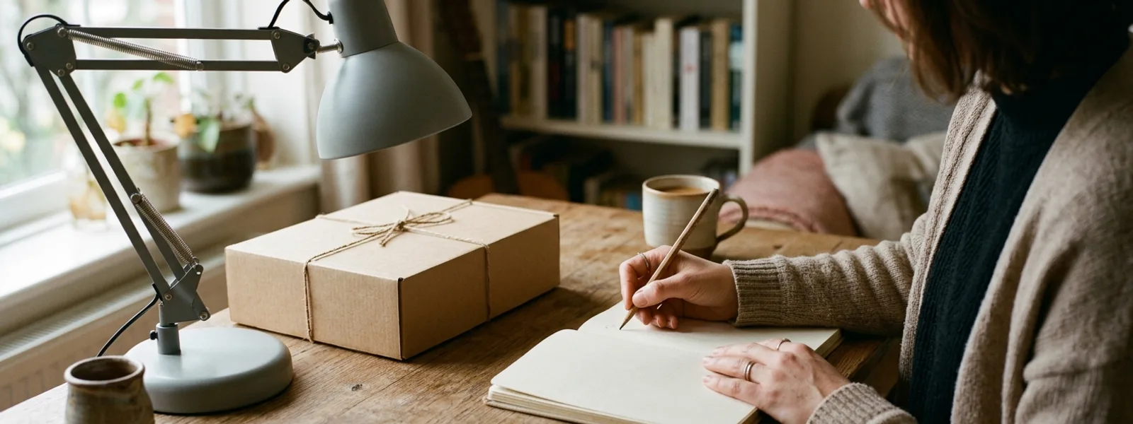 Hände sortieren Unterlagen neben einem Paket am Schreibtisch
