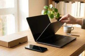 Laptop wird auf aufgeräumtem Schreibtisch zugeklappt, daneben Smartphone und Karton