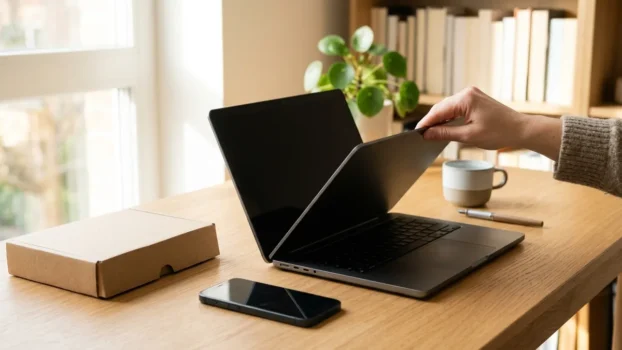 Laptop wird auf aufgeräumtem Schreibtisch zugeklappt, daneben Smartphone und Karton