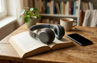 Kopfhörer liegen auf einem Buch neben einem Smartphone