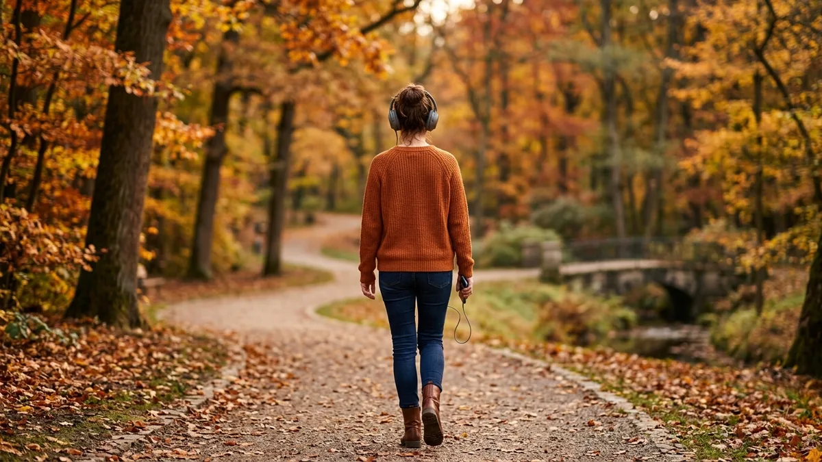 Spaziergänger mit Kopfhörern im herbstlichen Park von hinten