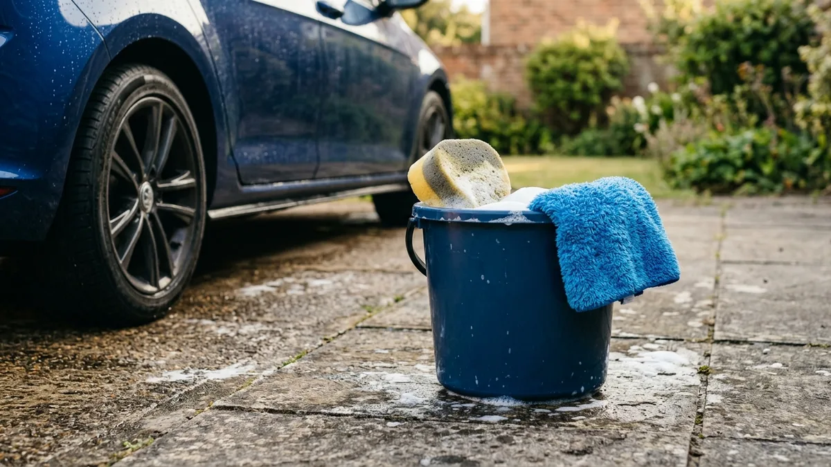 Auto in der Waschstraße zwischen Schaum und Bürsten