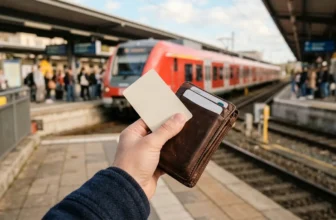 Hand mit Zugticket und Geldbörse am Bahnsteig