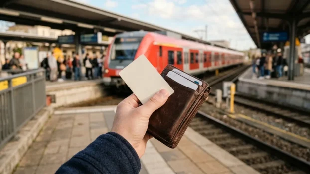 Hand mit Zugticket und Geldbörse am Bahnsteig