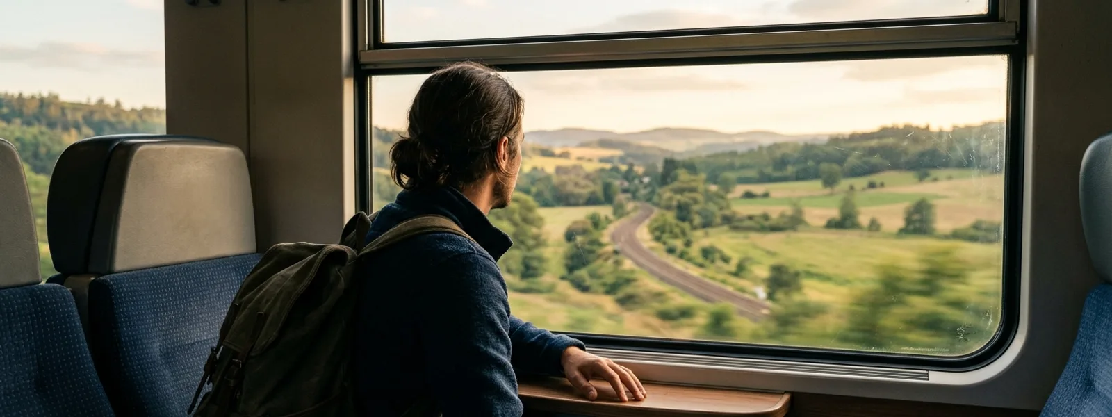 Reisende am Zugfenster mit Blick auf Landschaft