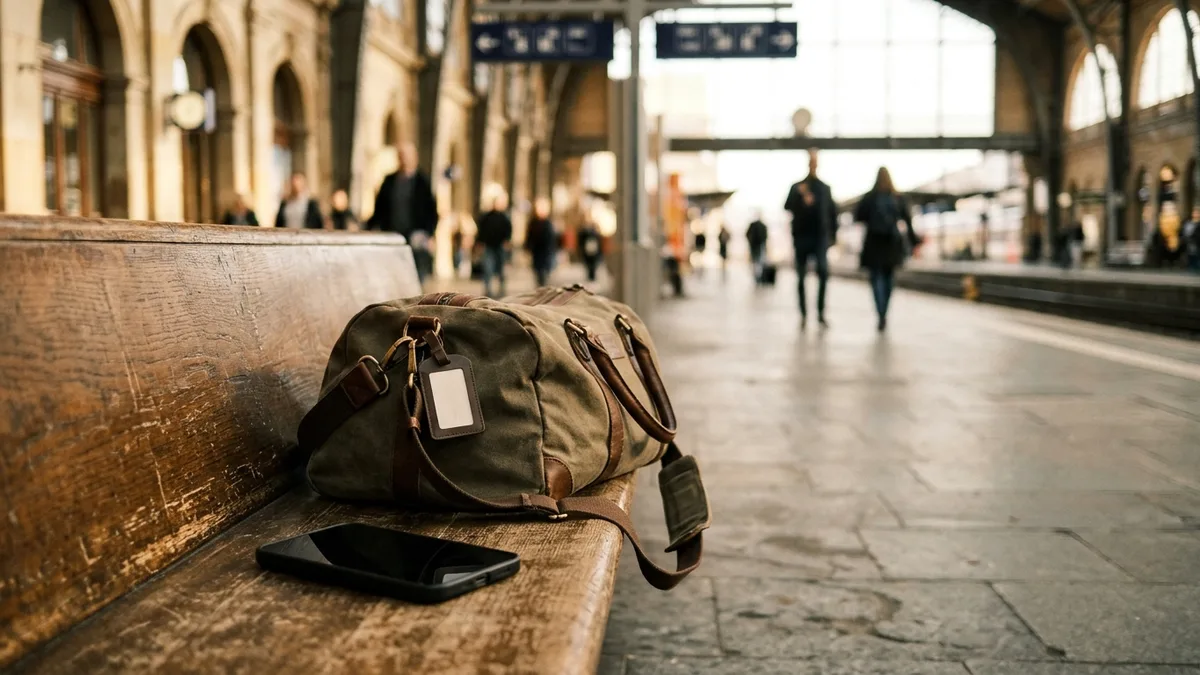 Smartphone neben Reisetasche auf Bahnhofsbank