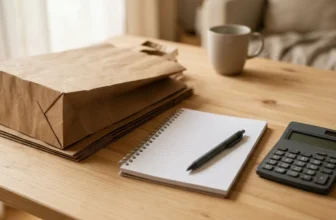 Einkaufstüten, Notizblock und Taschenrechner auf einem Tisch
