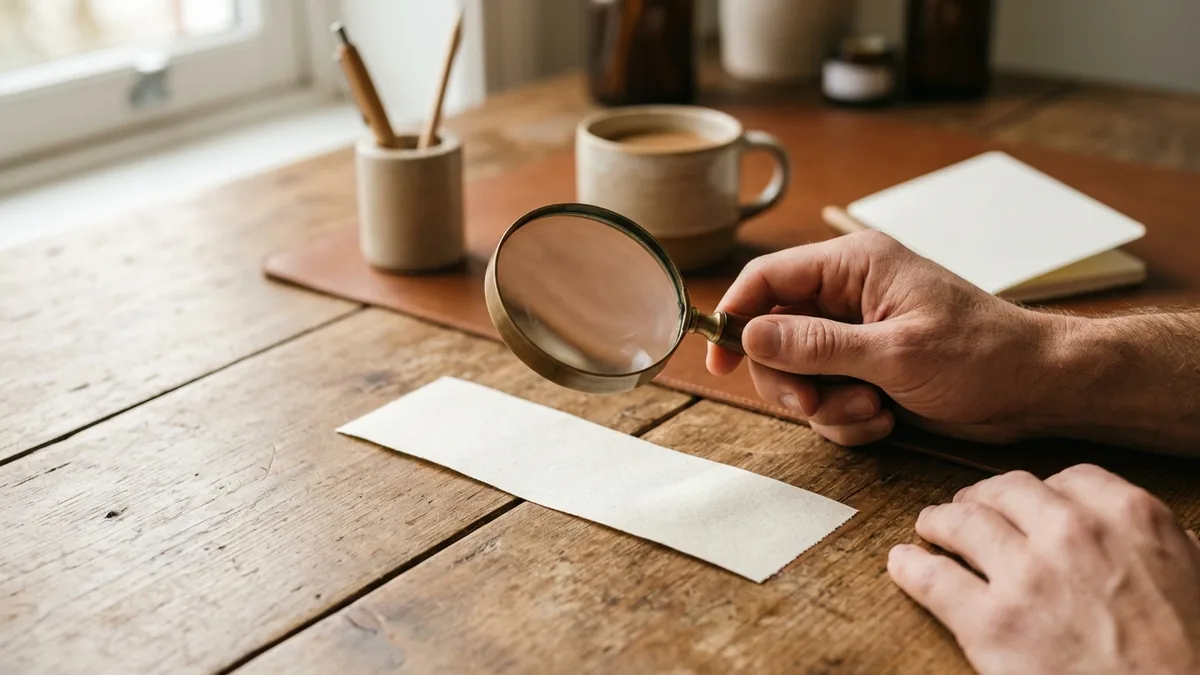 Hand mit Lupe prĂŒft einen Papierstreifen auf dem Schreibtisch