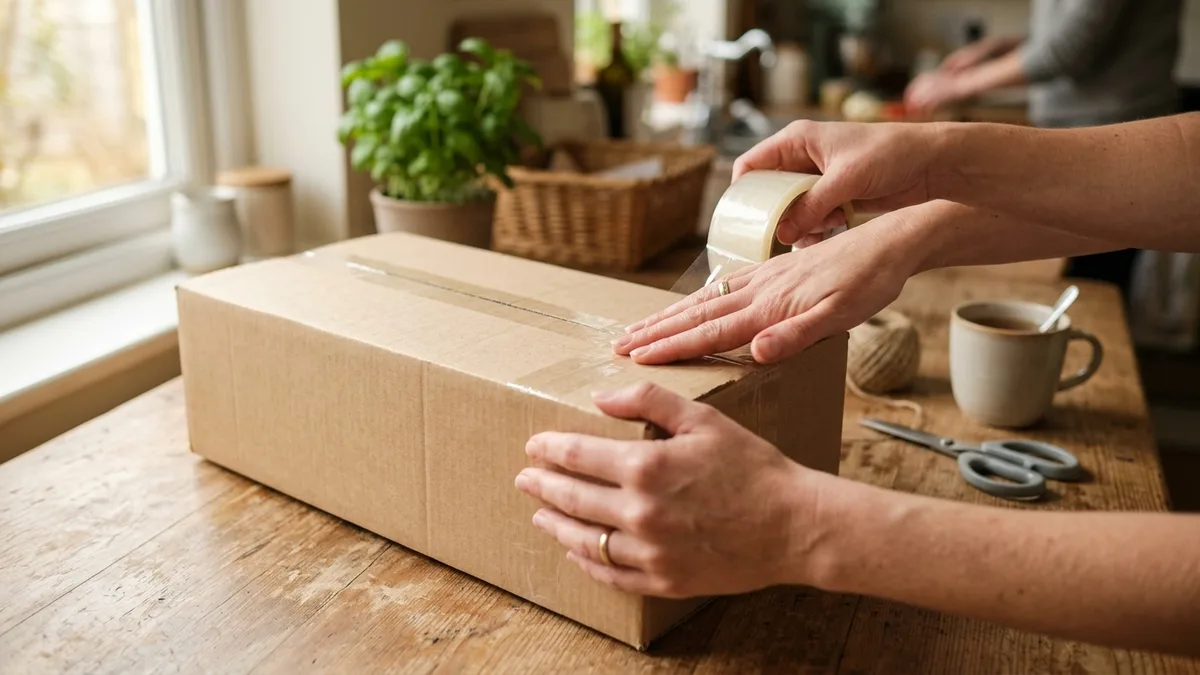 HĂ€nde verschlieĂen ein Paket fĂŒr die RĂŒcksendung auf einem Tisch
