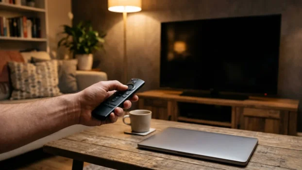 Fernbedienung und Laptop auf einem Wohnzimmertisch am Abend