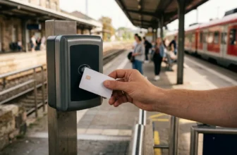 Hand mit Chipkarte am Kartenlesegerät auf einem Bahnsteig