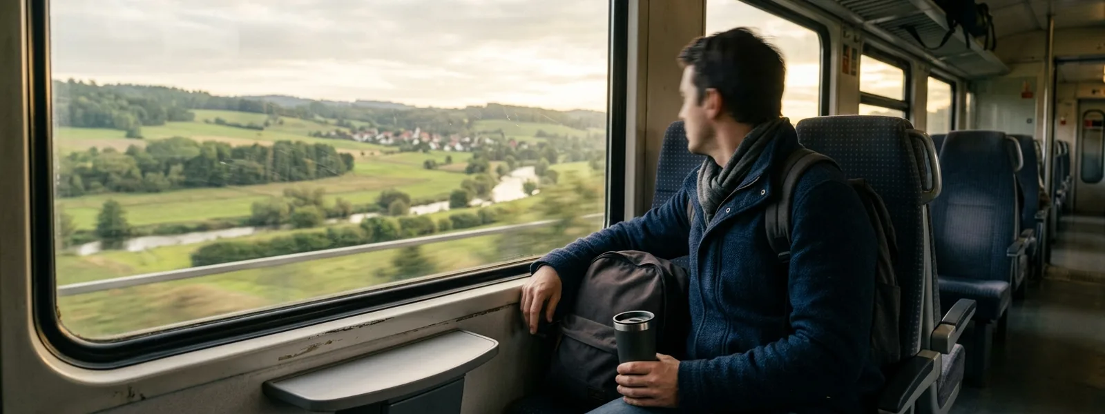 Pendler im Regionalzug mit Blick aus dem Fenster