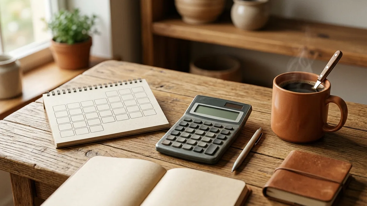 Schreibtisch mit Taschenrechner und Kalender zur Kostenplanung