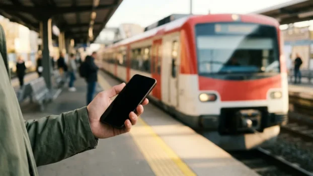Hand mit Smartphone auf einem Bahnsteig vor einfahrender Regionalbahn