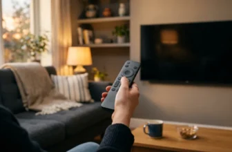 Fernbedienung in der Hand vor ausgeschaltetem Fernseher im Wohnzimmer