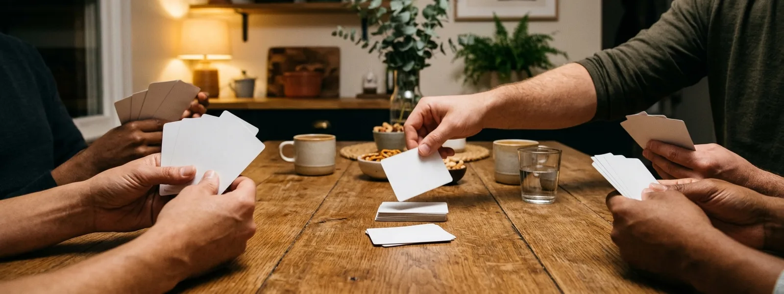 Kartenspielrunde am Tisch mit Händen und Spielkarten