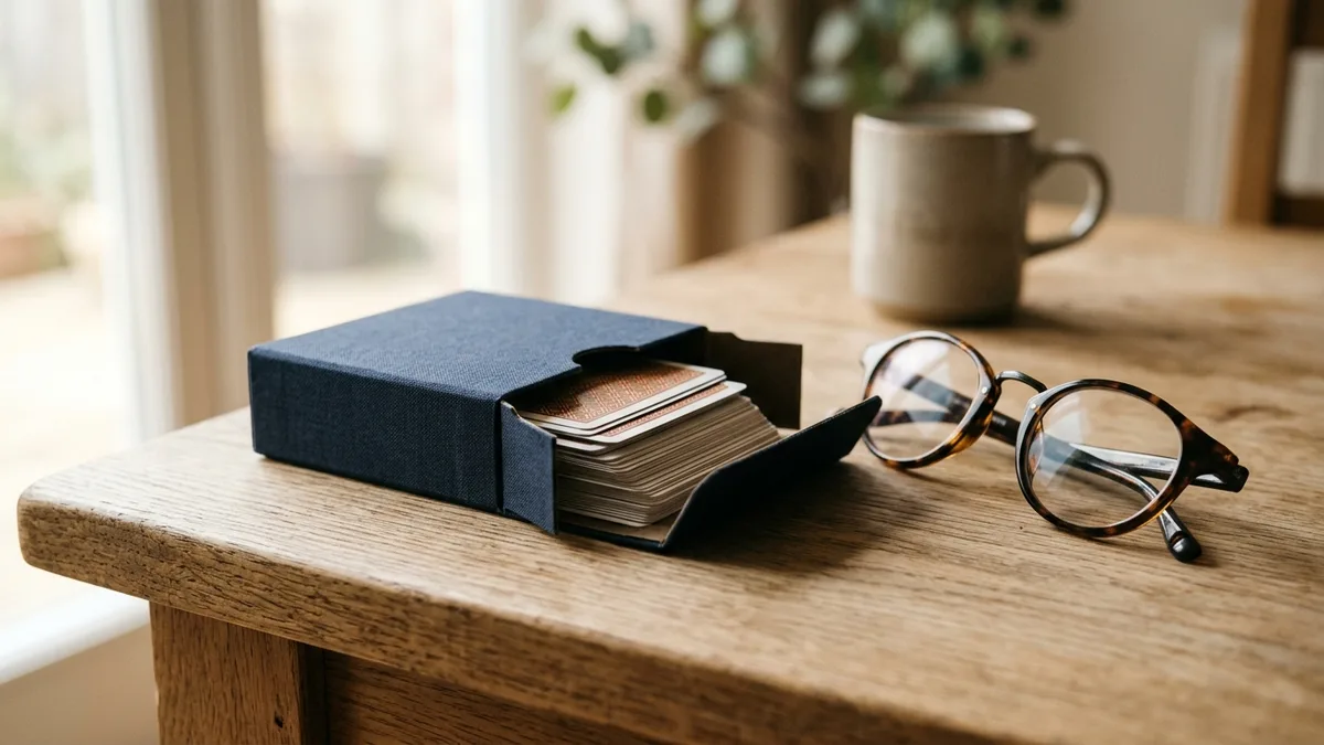 Offene Kartenschachtel neben einer Lesebrille auf dem Tisch