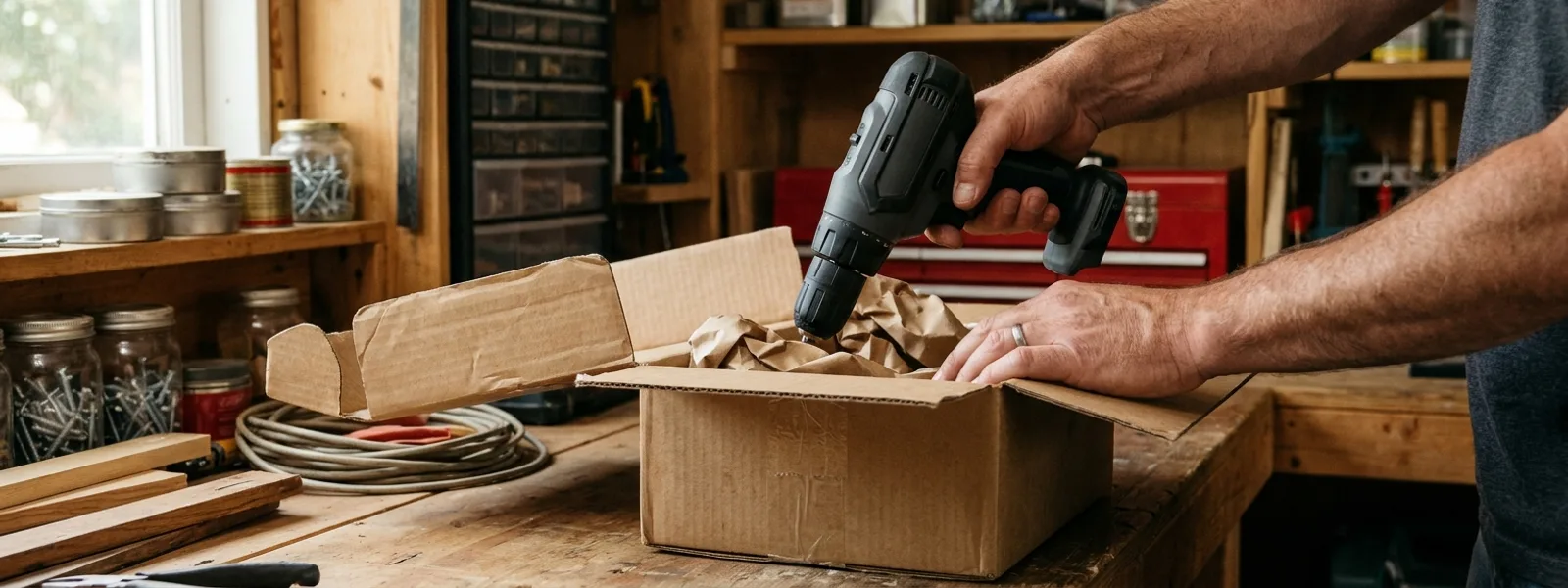 Hände verpacken ein Elektrowerkzeug in einem Versandkarton