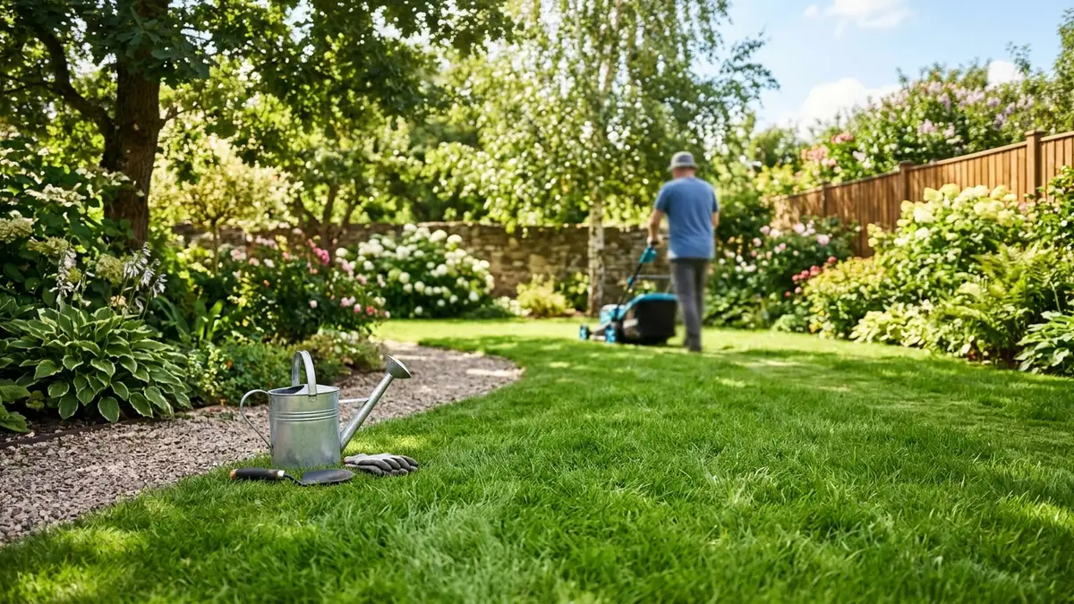 Gepflegter Rasen im Garten bei Sonnenschein