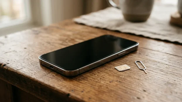 Smartphone und klassische SIM-Karte auf einem Holztisch