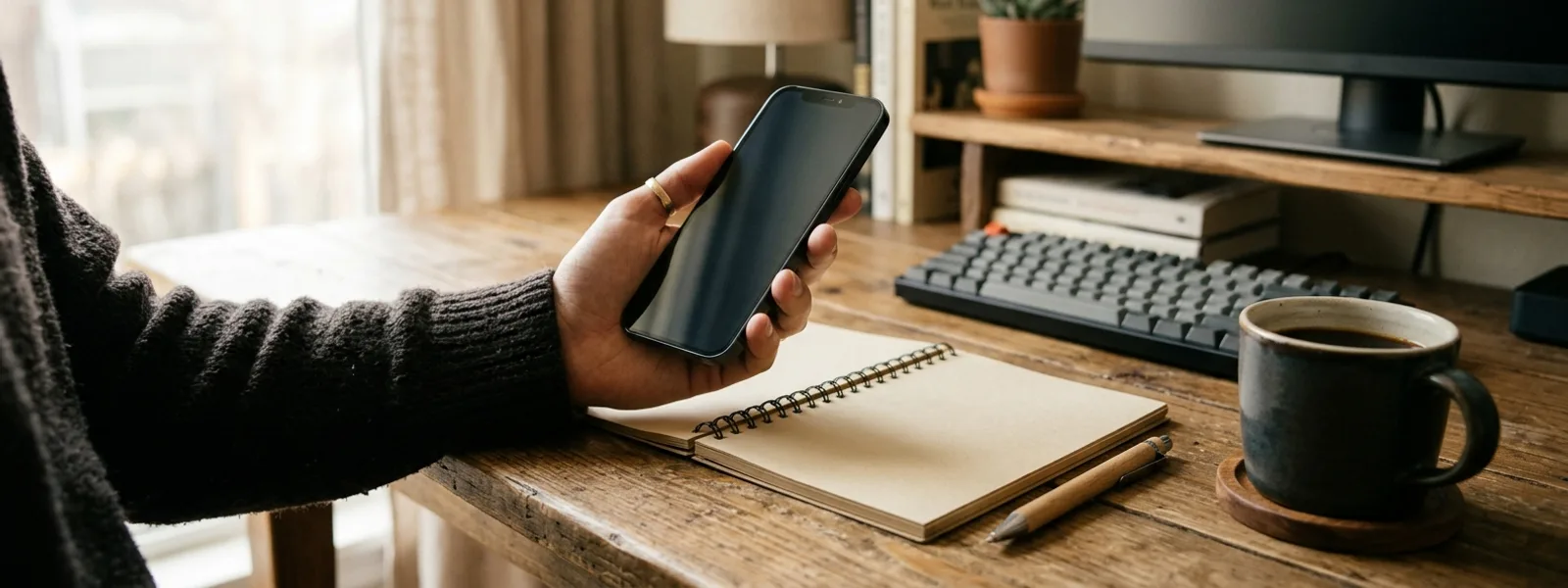 Hand mit Smartphone am aufgeräumten Schreibtisch beim Tarifvergleich