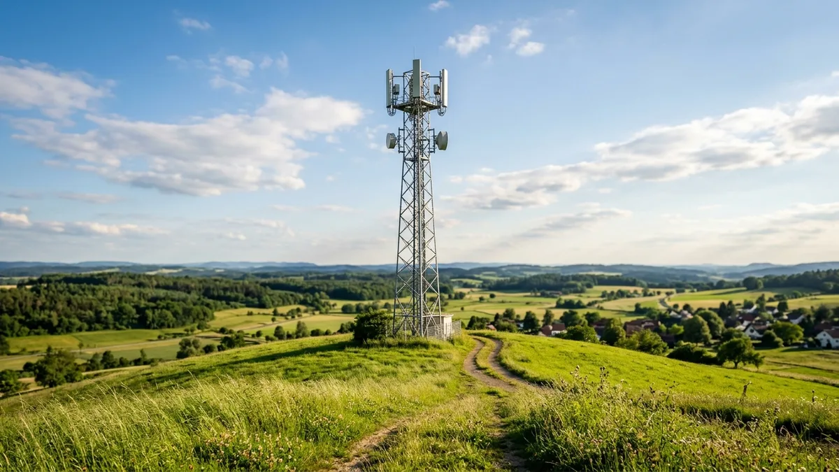 Mobilfunkmast auf einem Hügel unter blauem Himmel