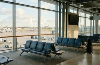 Leere Wartebänke im Flughafen-Terminal mit Blick aufs Rollfeld